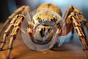 Up-close shot of a spider, magnifying its intimidating features, intensifying the visceral reaction to arachnophobia