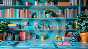 Up-close shot of a study area with a desk, colorful stationary, and shelves filled with books an