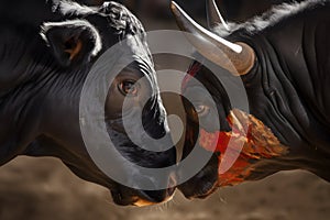 Up-close view of a bullfight, capturing the intensity and danger of the interaction between matador and bull. Generative AI