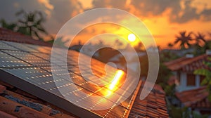 Up close view of a sleek solar panel soaking up the suns rays on a rooftop, harnessing energy for a sustainable future