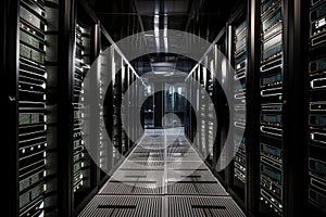 up-close view of storage data center, with servers and hard drives visible