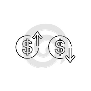 Up and Down arrows with dollar sign in flat line icon design on white color background. Vector