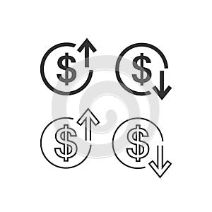 Up and Down arrows with dollar sign in flat line icon set design on white color background.