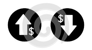 Up and down dollar icon on black circle. Increase and decrease USD currency sign symbol