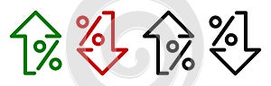 Up and down percent icon, percent arrow up and down line symbols collection, percentage growth and decline signs - vector