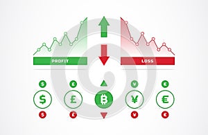 Up and down trading charts and currency icons