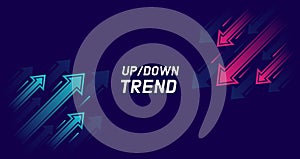 Up and down trend with arrows isolated on dark background. Stock exchange concept. Trader profit and loss. Vector illustration