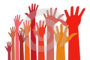 Up hands bright colorful distort icon. Raised hands in perspective. Vector logo distorted illustration