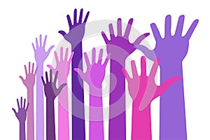 Up hands bright colorful distort icon. Raised hands in perspective. Vector logo distorted illustration. Violet pink photo