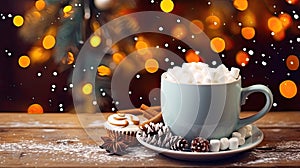 ?up of hot chocolate with marshmallows on a rustic wooden table, cozy Christmas atmosphere