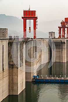 Up-river side closeup of dam gate crane of Three Gorges Dam, China