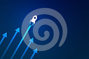 Up rocket and arrows on blue background illustration, copy space composition, business growth concept.