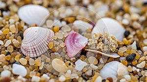 Up of a sandy beach surface featuring a variety of small shells and