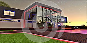 Up-scale villa with red blue night illumination under the starry sky. Good banner for the real estate investment advertisement. 3d