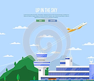 Up in the sky concept with airplane takeoff