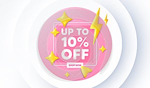 Up to 10 percent off sale. Discount offer price sign. Neumorphic promotion banner. Vector