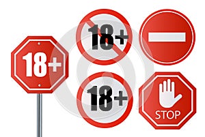 Up to 18 not allowed sign older than 18. Number eighteen in red crossed out circle, polygon