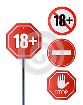 Up to 18 not allowed sign older than 18. Number eighteen in red crossed out circle, polygon