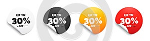 Up to 30 percent off Sale. Discount offer price sign. Round sticker badge banner. Vector