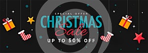 Up TO 50% Discount Offer for Merry Christmas Banner Design with Socks, Stars, Gift Boxes