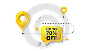Up to 70 percent off sale. Discount offer price sign. Road journey position 3d pin. Vector