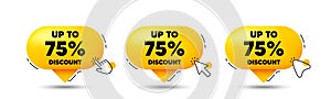 Up to 75 percent discount. Sale offer price sign. Click here buttons. Vector