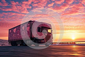 An up-to-date, pink long-haul truck beautifully decorated with hearts, evoking the romantic spirit of Valentine's