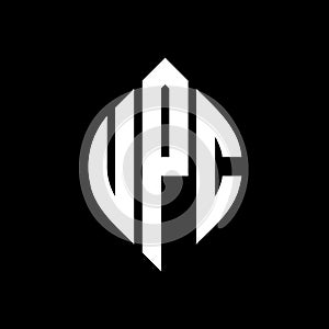 UPC circle letter logo design with circle and ellipse shape. UPC ellipse letters with typographic style. The three initials form a photo