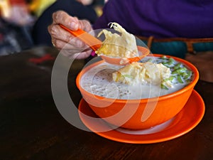 Upclose a fresh durian cendol with selective focus