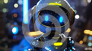 An upclose image of a bubbly and adorable robot character with yellow and blue accents and a glowing screen for a face