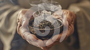 An upclose image of a practitioners hands holding a burning herb called moxa used in traditional Chinese medicine for