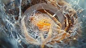 An upclose image of a spider laying its eggs in a tightly woven sac surrounded by delicate web strands. .