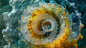 An upclose image of a spiralshaped algae structure with a gradient of pigments ranging from deep blues to bright yellows