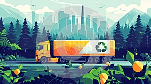 Upclose image of a truck transporting goods with a banner displaying the companys commitment to carbonneutral shipping photo