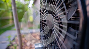 An upclose look at the fan blades responsible for pulling air through the heat pumps outdoor unit for cooling