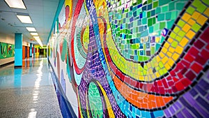 An upclose look at a mosaic mural covering an entire wall of the art school building. Hundreds of brightly colored tiles