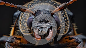 An upclose photo of a beetles mouthparts highlighting its sharp mandibles and long thin maxillae for grinding and