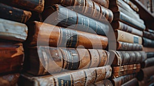 An upclose photo of a stack of dusty leatherbound books of various sizes all bearing the same embossed title of a