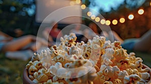 An upclose shot of a bowl of freshly popped popcorn with a sprinkle of salt and melted butter. In the background a group