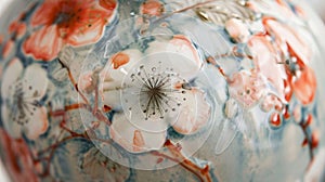 An upclose shot of a ceramic vase showcasing delicate floral patterns and a shiny glaze photo