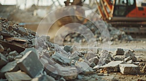 An upclose shot of a construction site where a group of workers are using a machine to crush and compact concrete rubble