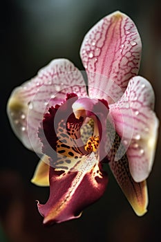 An upclose shot of a delicate magentatinted orchid. Trendy color of 2023 Viva Magenta.. AI generation