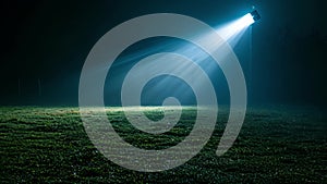 An upclose shot of a single floodlight its beam shining brightly down onto the field below