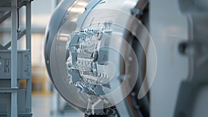 An upclose shot of the turbines nacelle giving a glimpse inside at the complex machinery at work photo