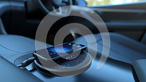 Upclose view of a cars wireless charging pad keeping devices powered up and ready to use while onthego photo