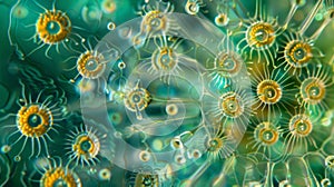 An upclose view of a diatom colony resembling a dazzling crystal with its intricate structures and sparkling hues of