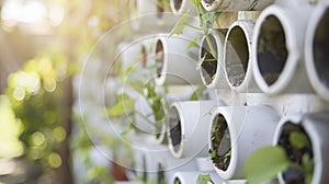 An upclose view of a DIY vertical vegetable garden made from repurposed PVC pipes. Each pipe has small holes drilled photo