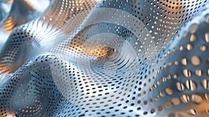 An upclose view of a perforated screen made of adaptive material used to regulate sunlight and temperature inside a