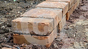 An upclose view of the precision and patience required for laying bricks perfectly in line photo