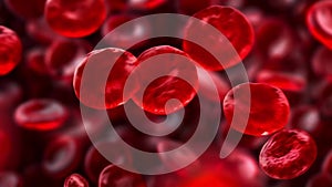 An upclose view of red cells appearing like round crimson jewels against a dark background. . AI generation